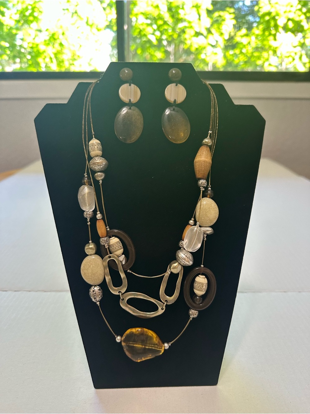 Chico’s Beaded Multi-Strand Brown and Gold Women's Necklace & Matching Earrings